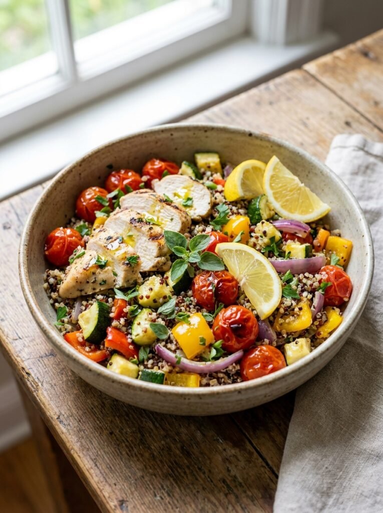 High Protein Low Calorie Mediterranean Meal: Grilled Chicken with Lemon Herb Quinoa and Roasted Vegetables 12 A realistic close up recipe photo 202605011709