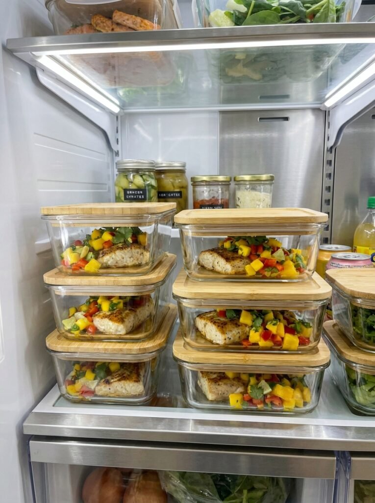 Pan-Seared Mahi Mahi with Tropical Mango Salsa 16 Food storage containers with Mah… 202605011720