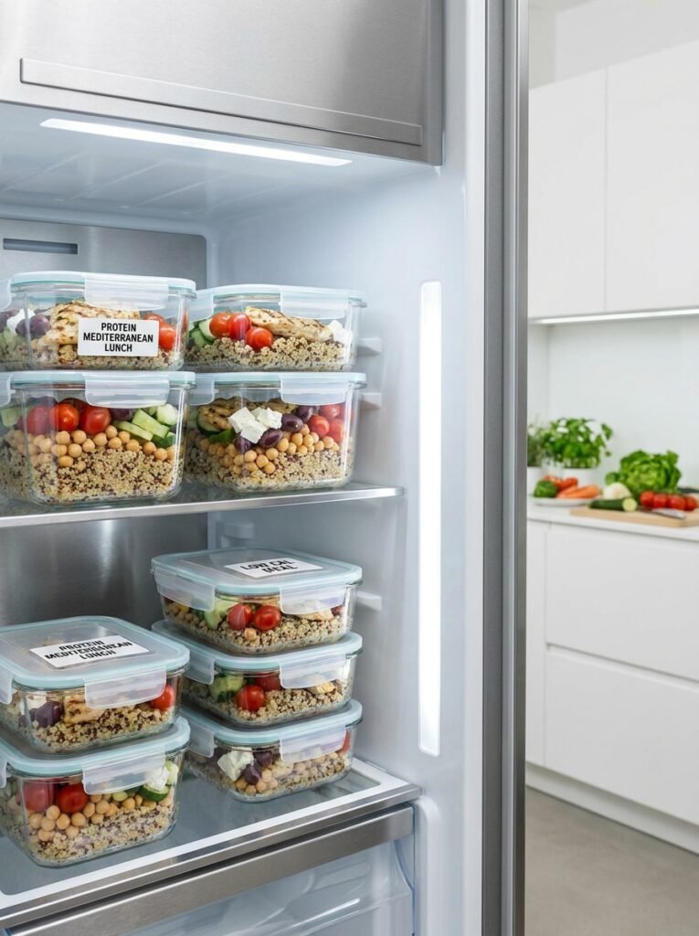 High Protein Low Calorie Mediterranean Meal: Grilled Chicken with Lemon Herb Quinoa and Roasted Vegetables 16 Food storage containers with meal 202605011709