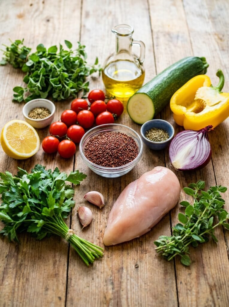 High Protein Low Calorie Mediterranean Meal: Grilled Chicken with Lemon Herb Quinoa and Roasted Vegetables 13 Ingredients for mediterranean meal 202605011709