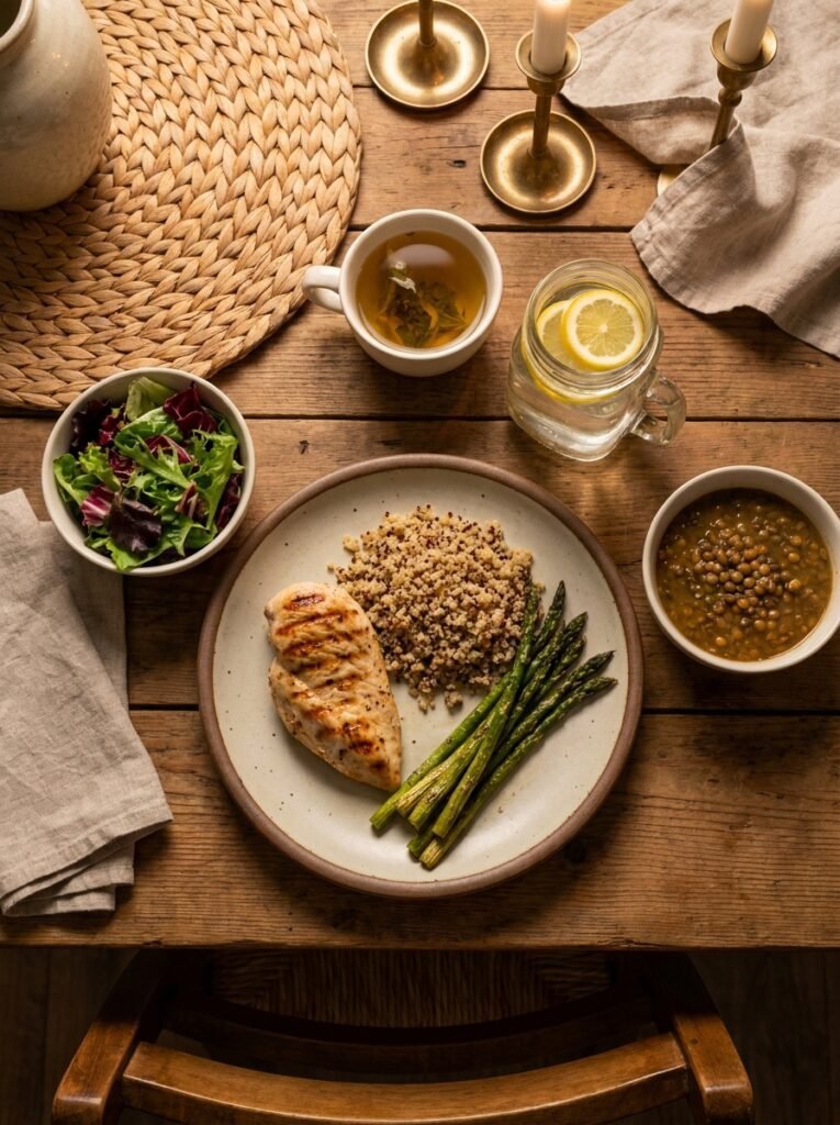 High Protein Low Calorie Clean Eating Meal: Grilled Lemon Herb Chicken Salad 15 Meal setup with side dishes 202605011724