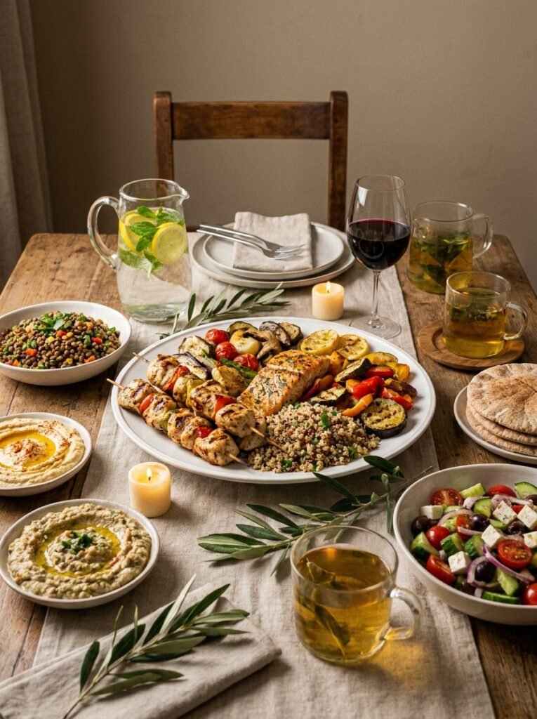 High Protein Low Calorie Mediterranean Meal: Grilled Chicken with Lemon Herb Quinoa and Roasted Vegetables 15 Mediterranean meal with side dishes 202605011709