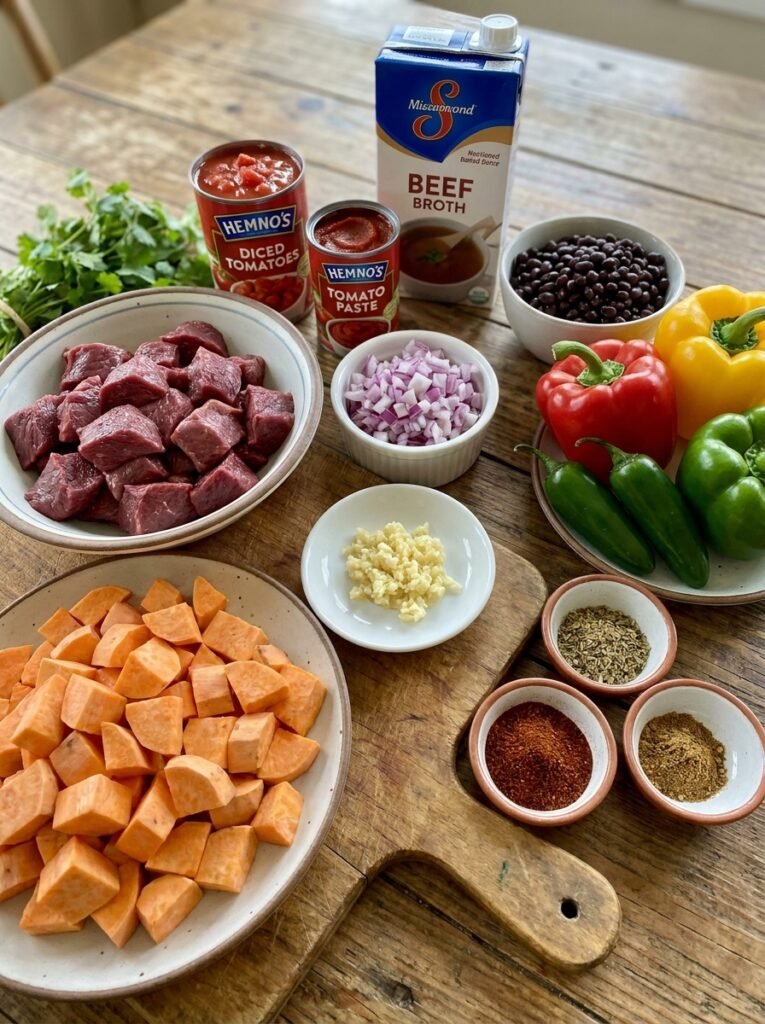 Slow Cooker Venison Chili with Roasted Sweet Potatoes 13 Venison chili ingredients on table 202605011703