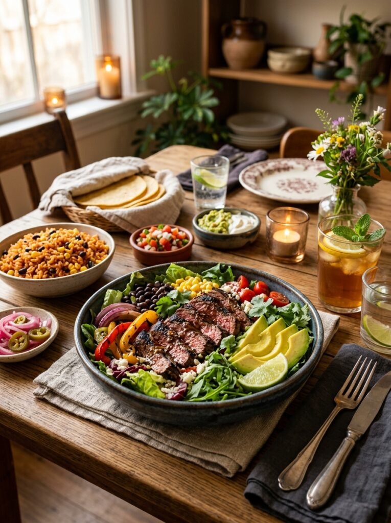 High Protein Beef Fajita Salad with Avocado 15 A full serving setup of 202605041423