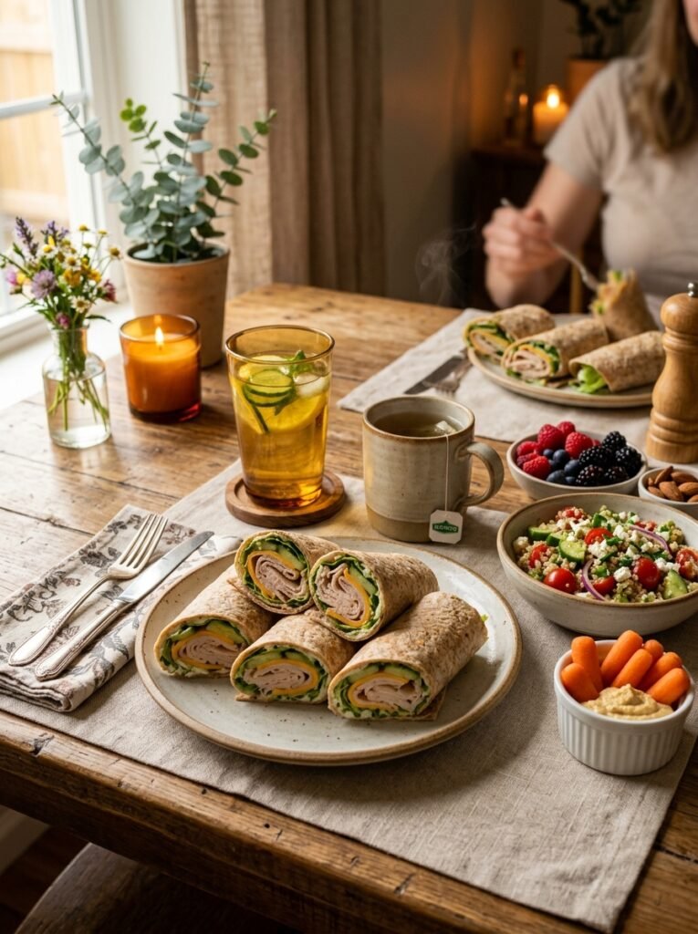 High Protein Turkey Cheese Cucumber Wraps 15 A full serving setup of 202605181322