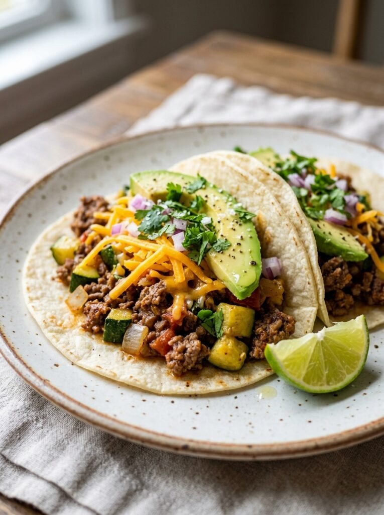 Easy High Protein Beef Zucchini Taco Plates 12 A realistic close up recipe photo 202605131443