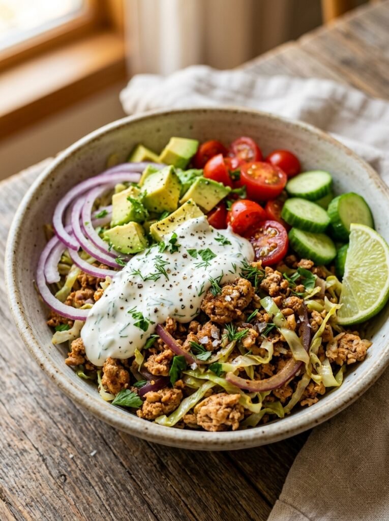 High Protein Low Calorie Turkey Cabbage Burger Bowl 12 A realistic close up recipe photo 202605202301