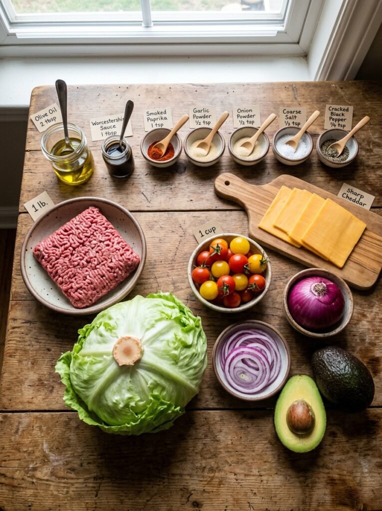 High Protein Beef Burger Lettuce Dinner Stack 13 Beef burger ingredients on table 202605212141