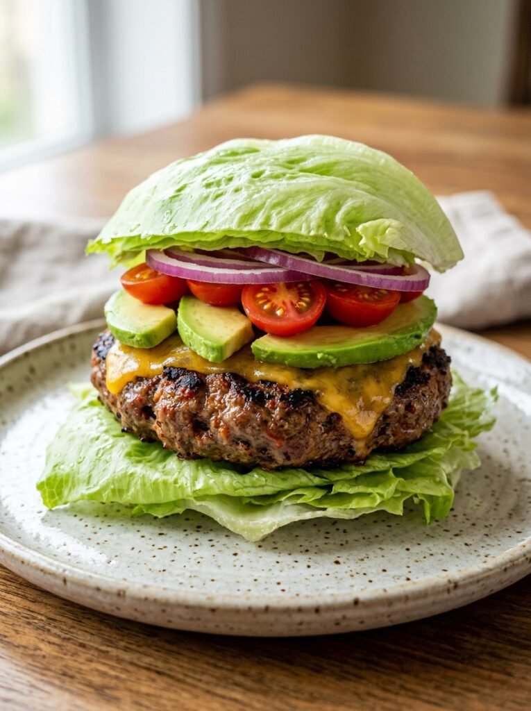High Protein Beef Burger Lettuce Dinner Stack 12 Beef burger lettuce dinner stack 202605212141