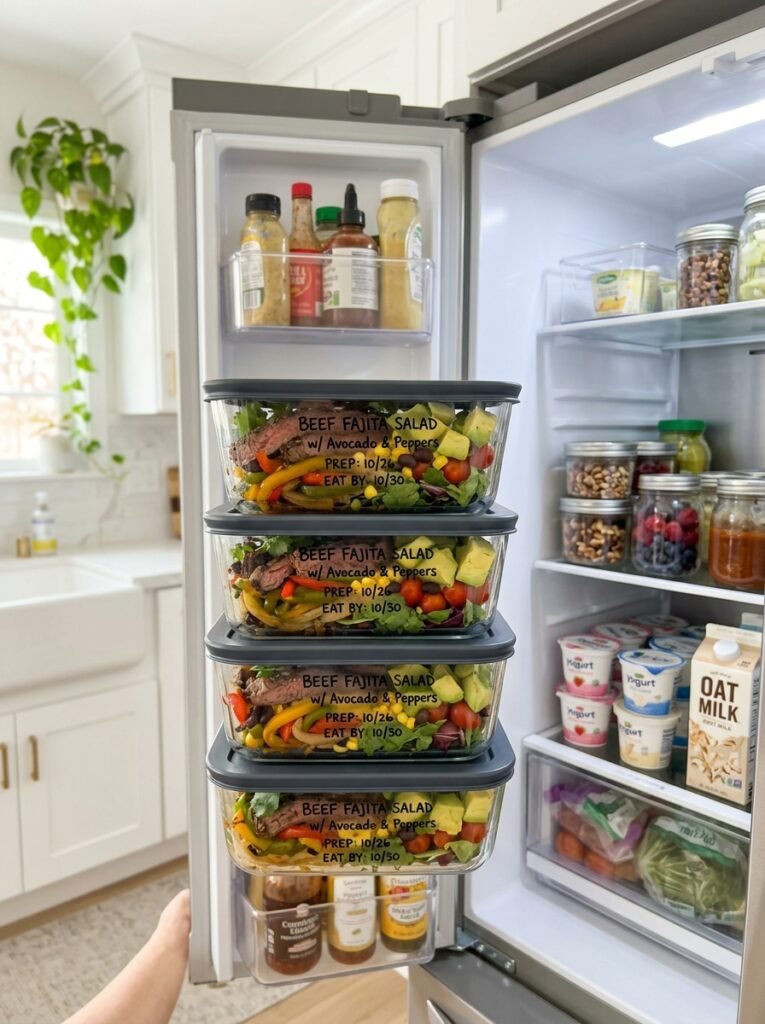 High Protein Beef Fajita Salad with Avocado 16 Beef fajita salad food storage 202605041423