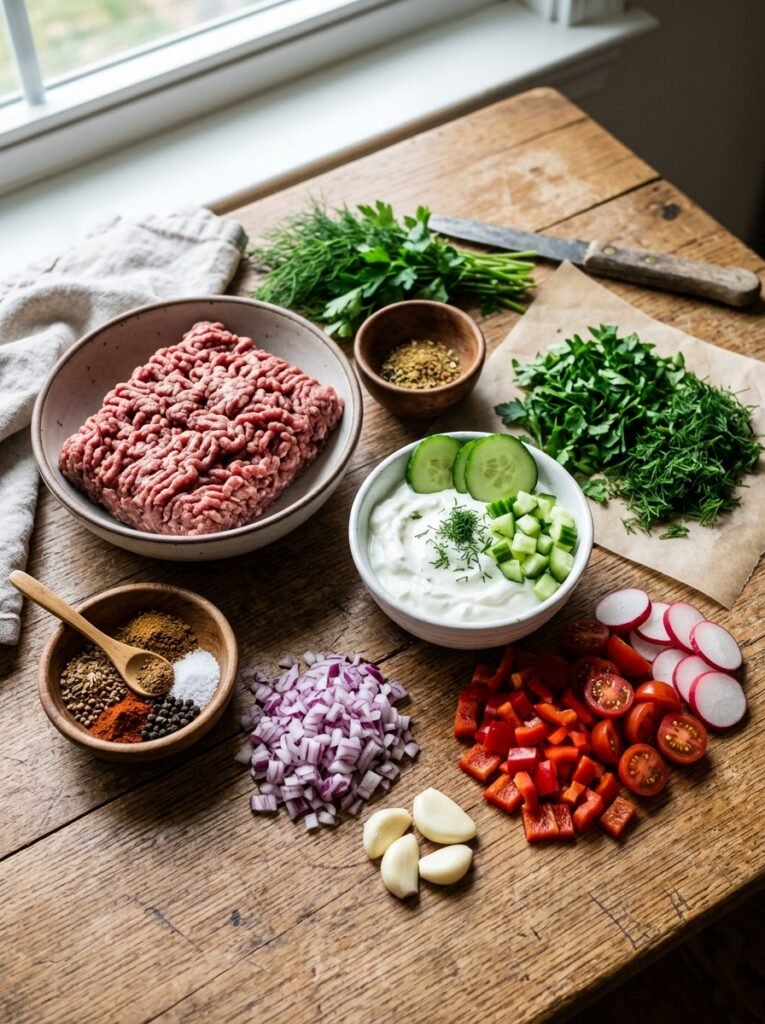High Protein Beef Kofta Cucumber Yogurt Bowl Recipe 13 Beef kofta ingredients arranged … 202606031536