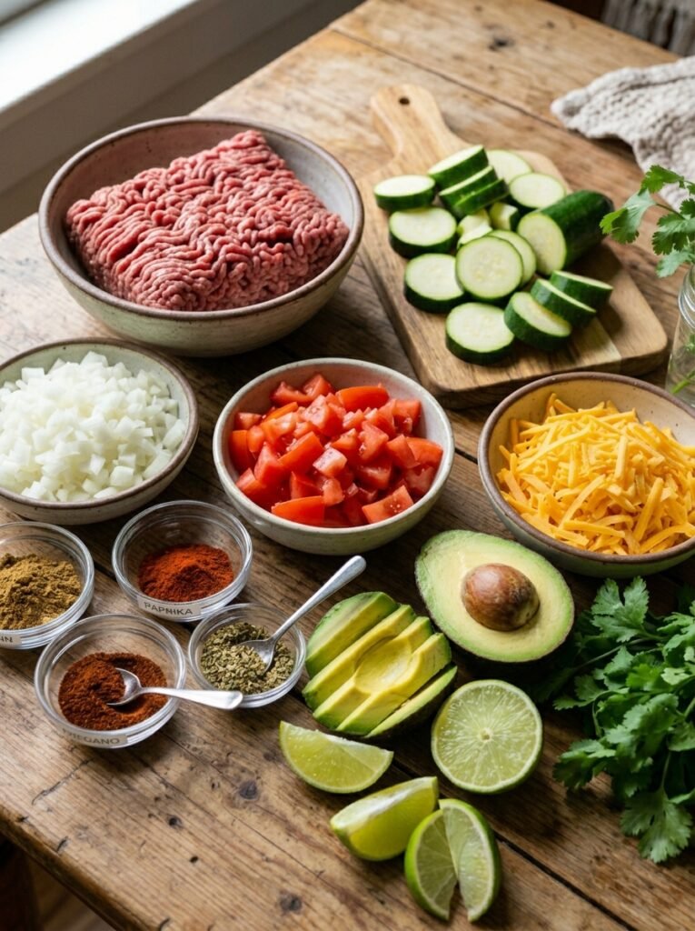 Easy High Protein Beef Zucchini Taco Plates 13 Beef zucchini taco ingredients a… 202605131444