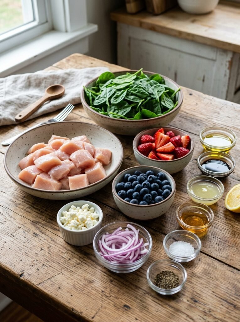 Easy High Protein Chicken Berry Spinach Salad 13 Chicken berry spinach salad ingr… 202605071718