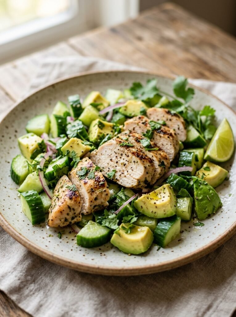 High Protein Low Calorie Chicken Cucumber Avocado Plate 12 Chicken cucumber avocado plate 202606021411