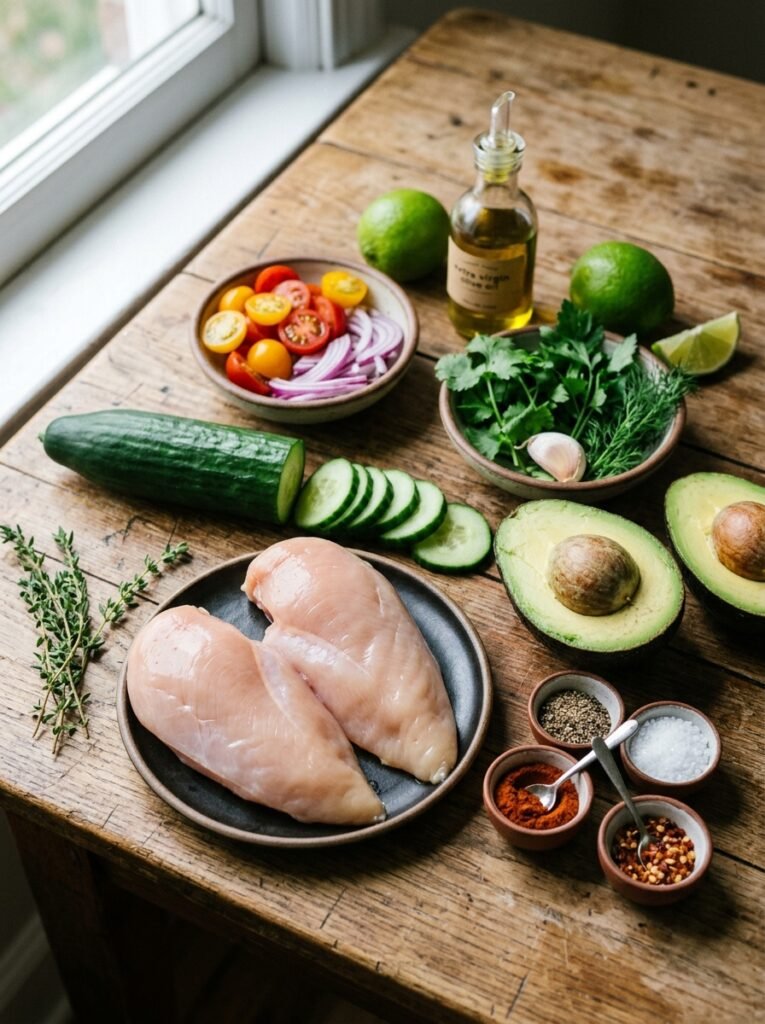High Protein Low Calorie Chicken Cucumber Avocado Plate 13 Chicken cucumber avocado plate i… 202606021411