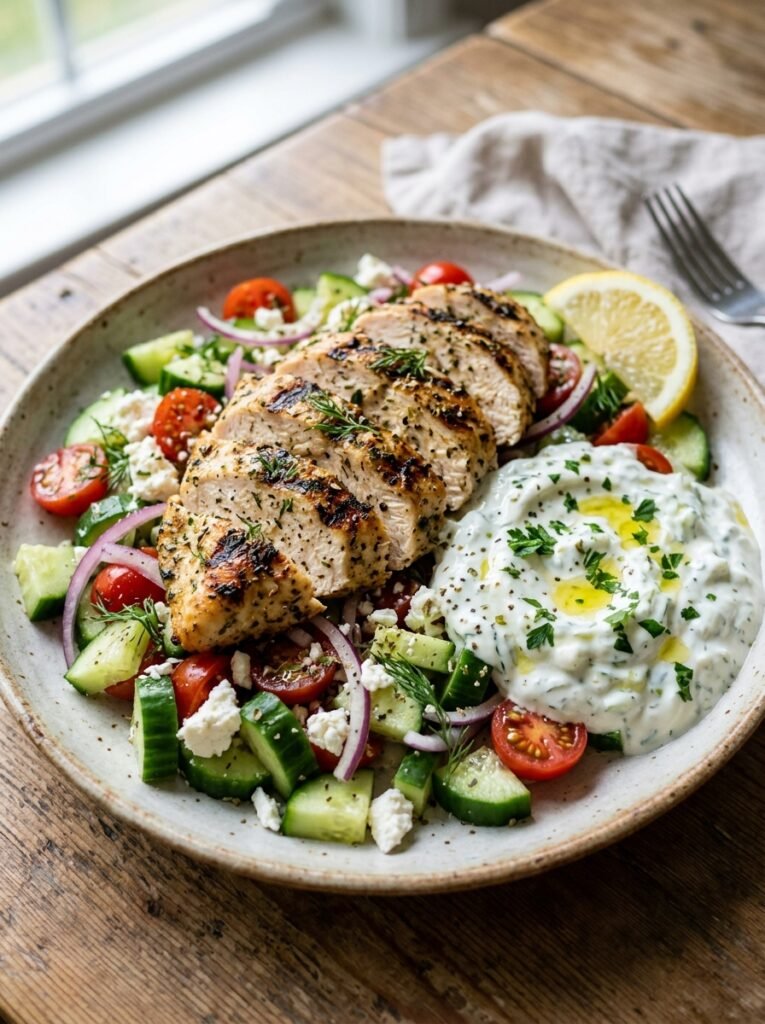 Chicken cucumber greek dinner plate 202605131414