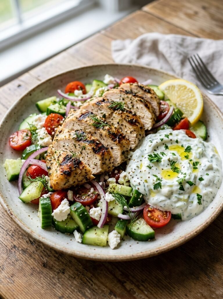 Chicken cucumber greek dinner plate 202605131414