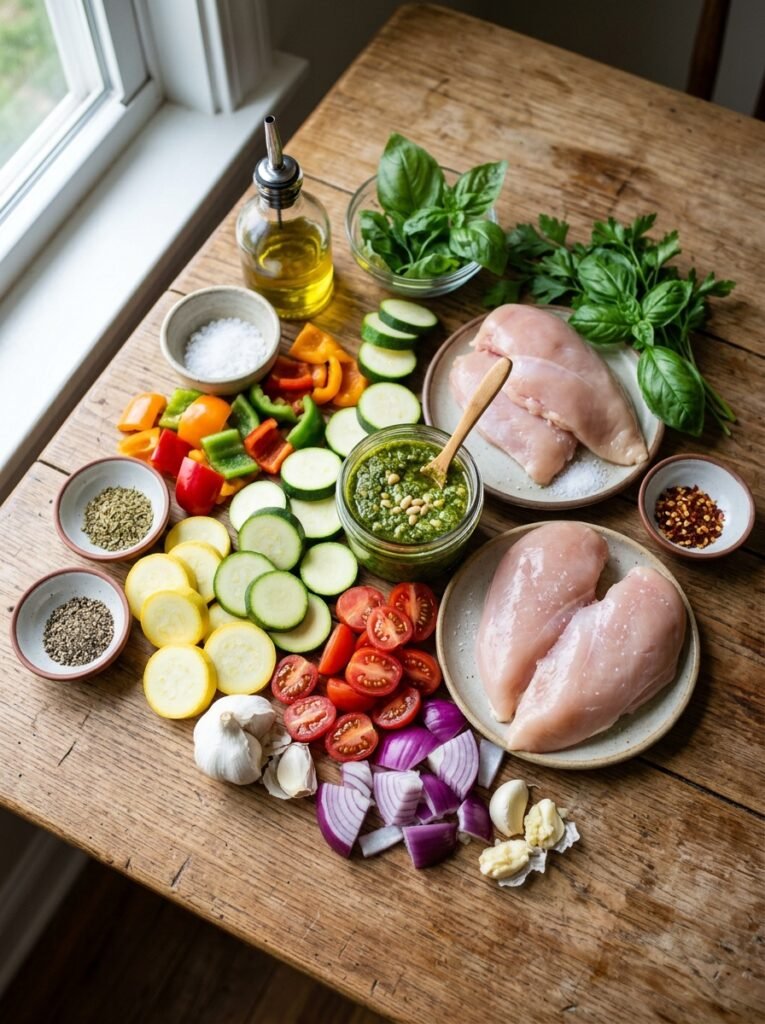 High Protein Chicken Pesto Summer Vegetable Skillet 13 Chicken pesto summer vegetable s… 202605051433
