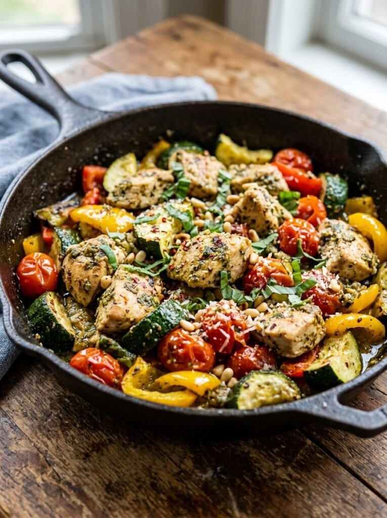 High Protein Chicken Pesto Summer Vegetable Skillet 12 Chicken pesto vegetable skillet 202605051433