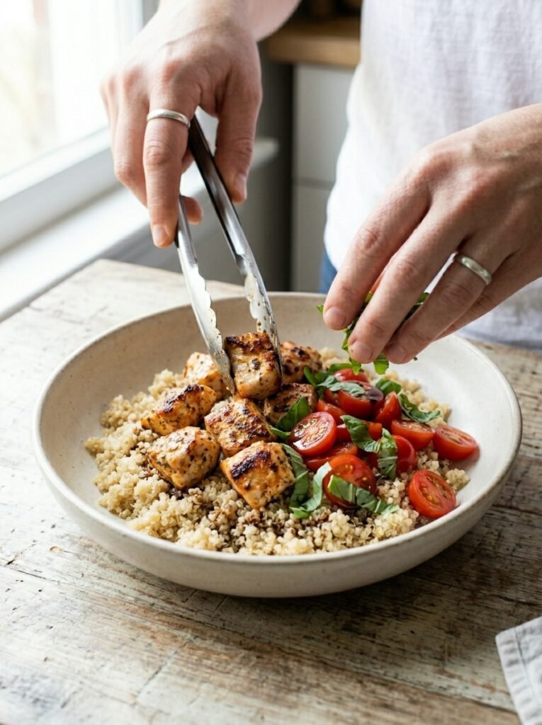 High Protein Grilled Chicken Tomato Basil Bowl 14 Chicken tomato basil bowl cooking 202605202325