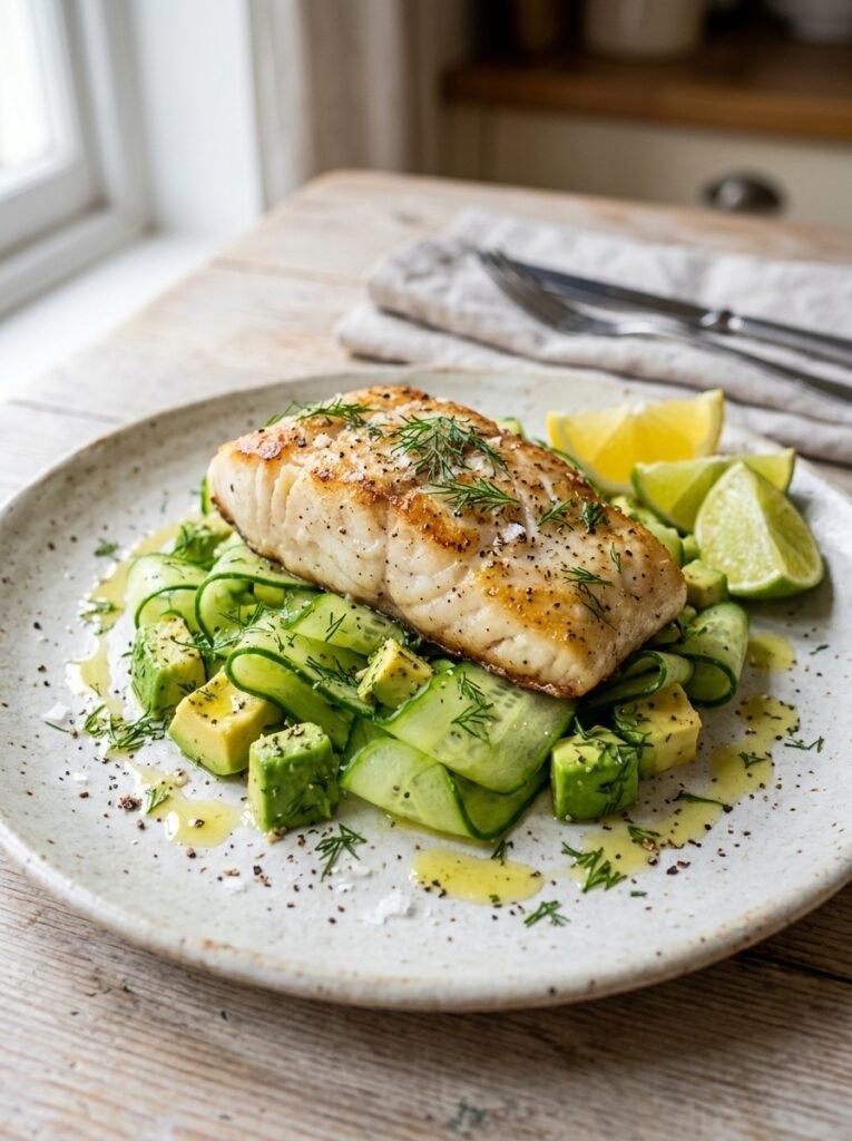 High Protein Low Calorie Cod Cucumber Avocado Plate 12 Cod cucumber avocado plate 202606121221