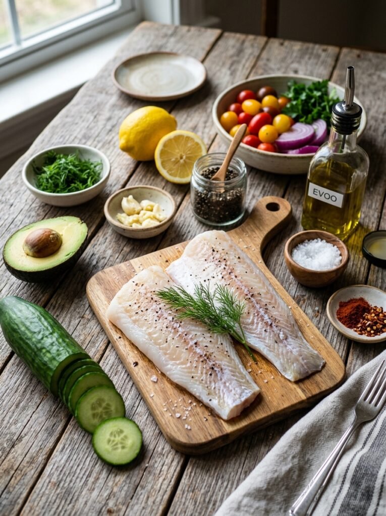 High Protein Low Calorie Cod Cucumber Avocado Plate 13 Cod cucumber avocado plate ingre… 202606121222