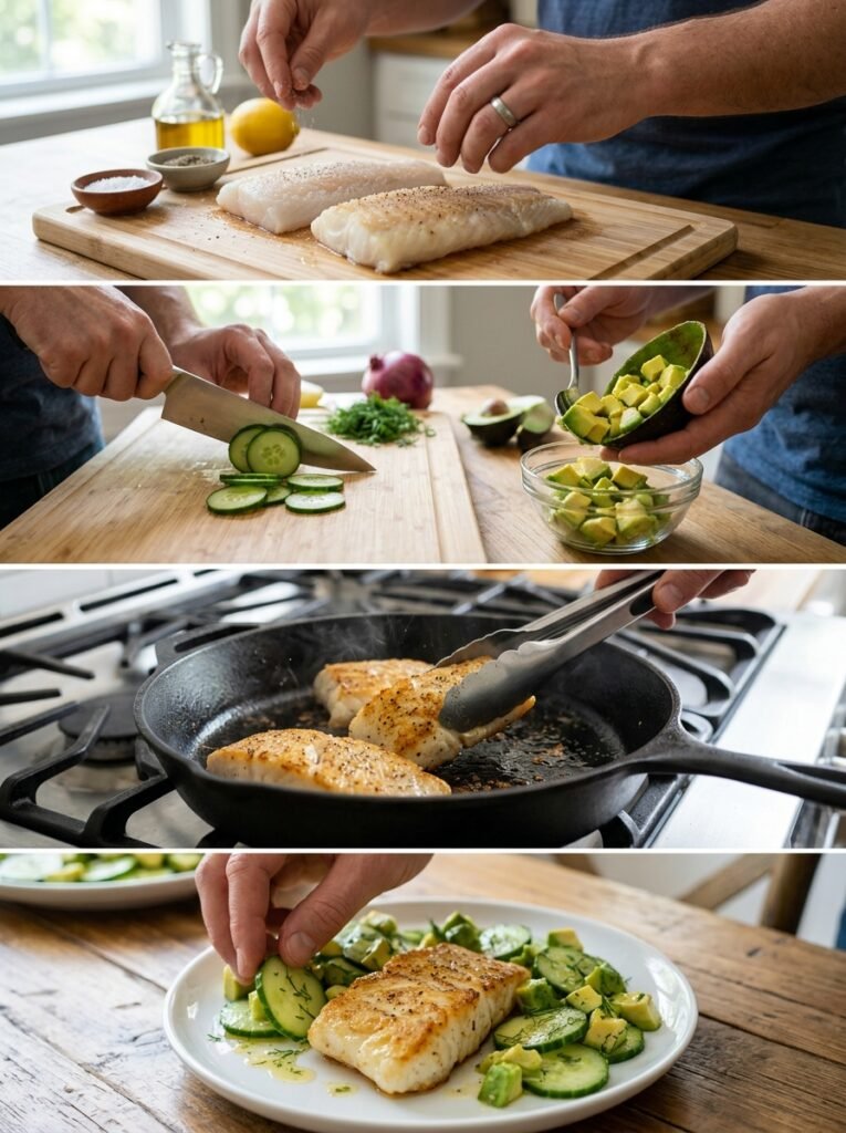 High Protein Low Calorie Cod Cucumber Avocado Plate 14 Cod cucumber avocado plate process 202606121222