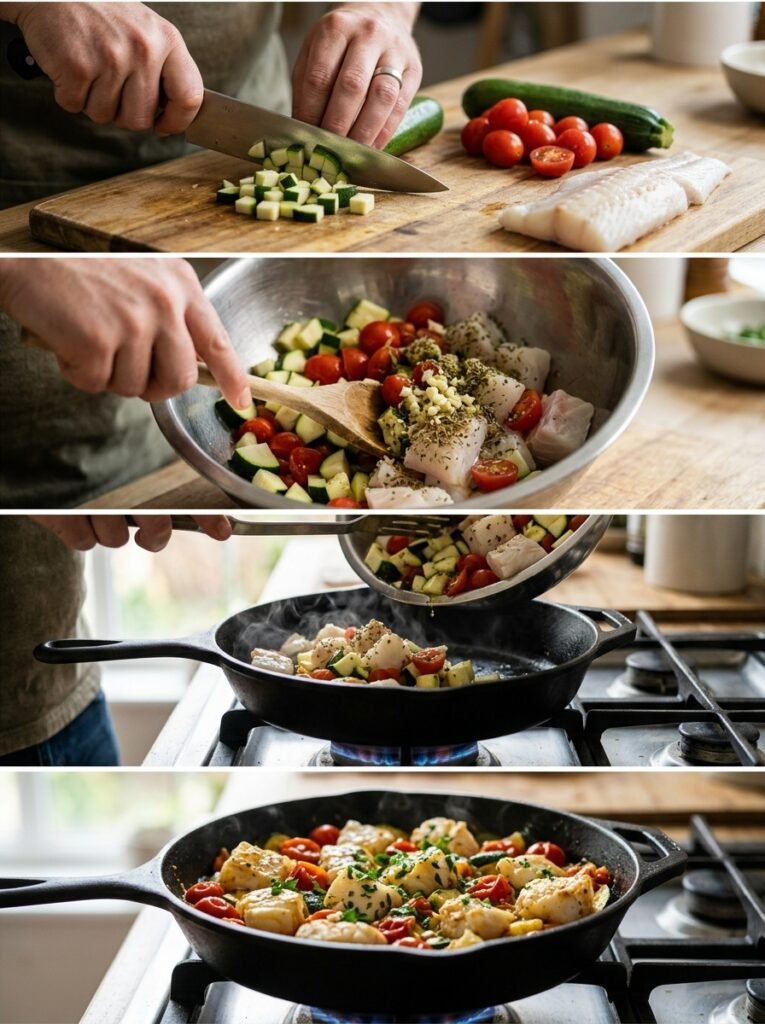 Cod zucchini tomato skillet cooking 202605092245