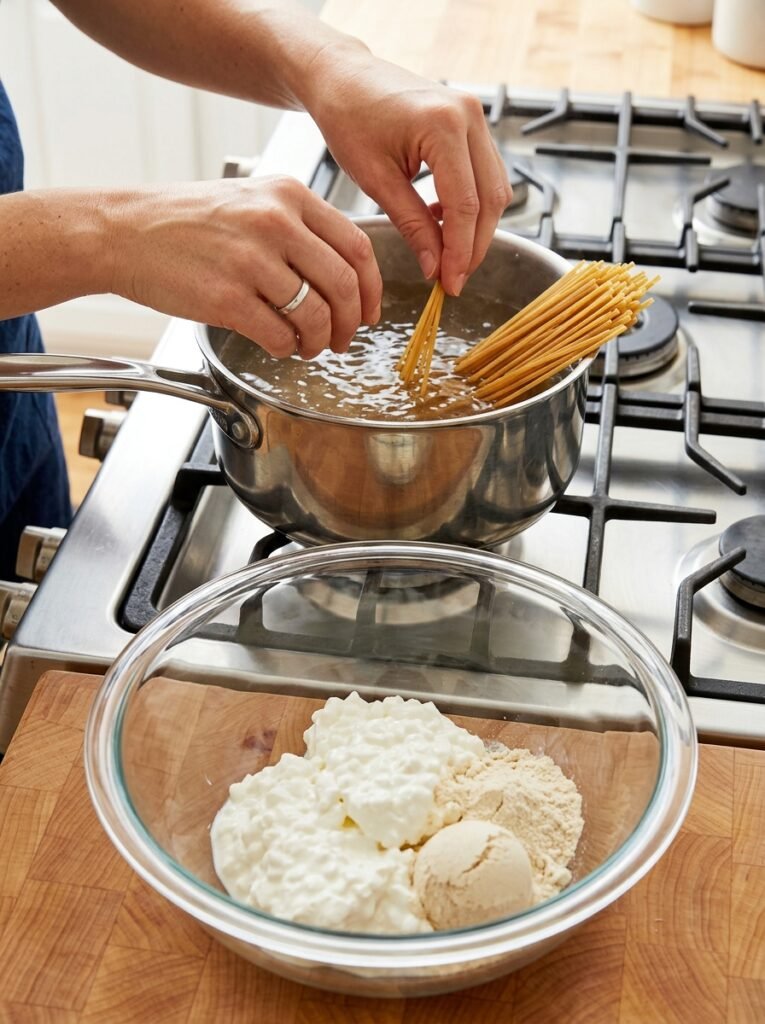 easy high protein cottage cheese pasta bowl 14 Cooking cottage cheese pasta bowl 202605041411