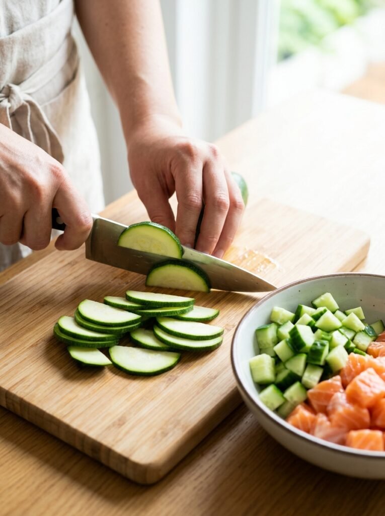 high protein low calorie salmon zucchini cucumber bowl 14 Cooking salmon zucchini cucumber… 202605141443