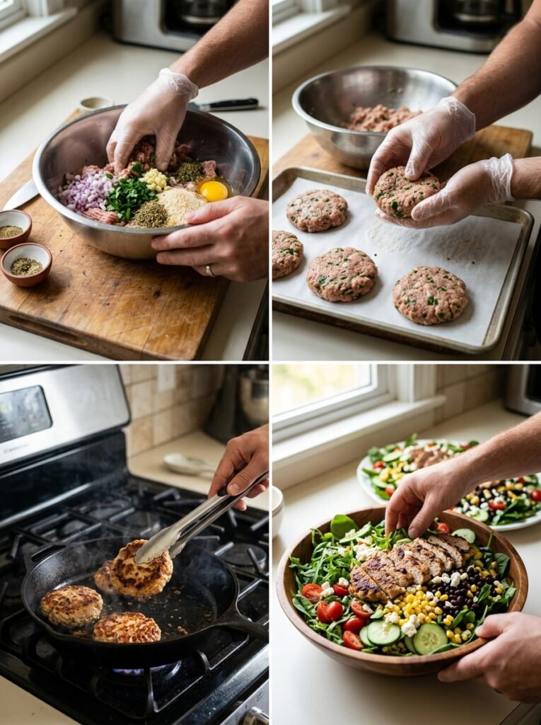 Cooking turkey patties summer salad 202606021245