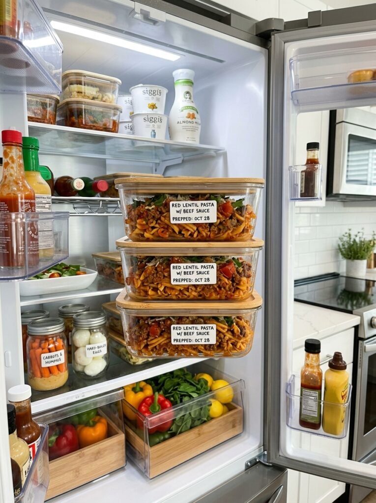 High Protein Red Lentil Pasta with Lean Ground Beef Sauce 16 Food containers with lentil pasta 202605021346