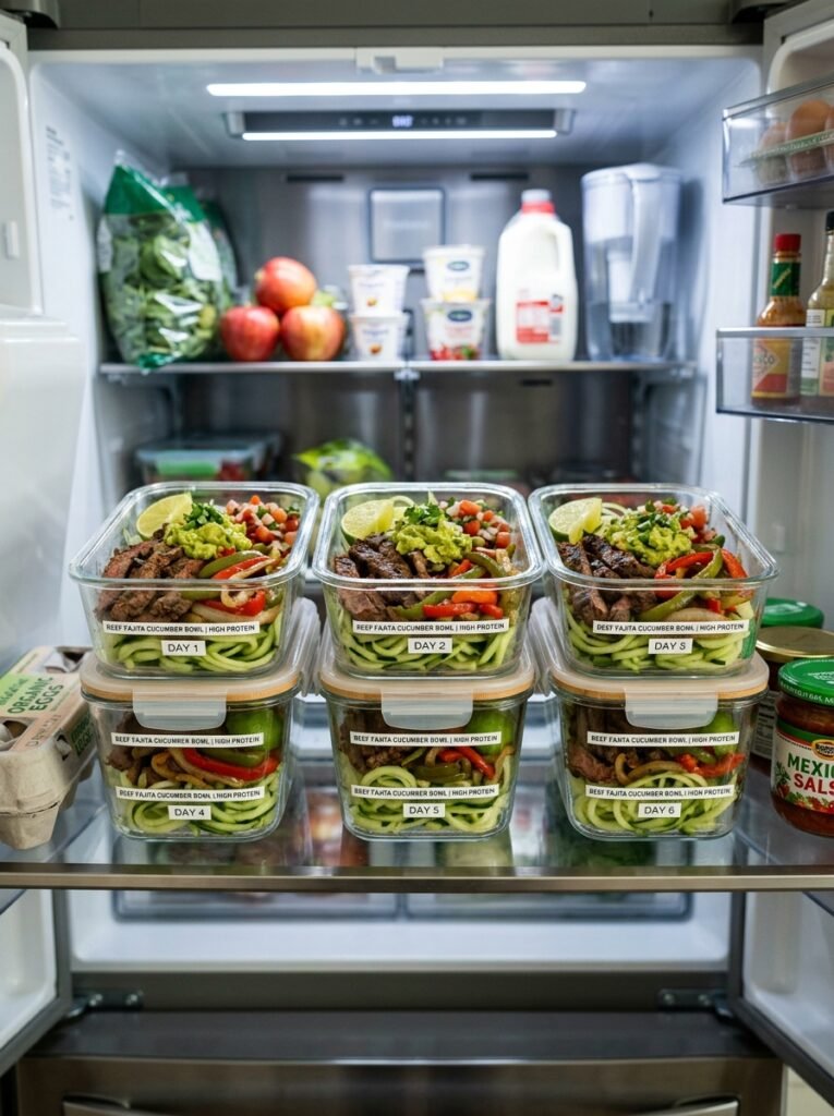 Easy High Protein Beef Fajita Cucumber Bowls 16 Food storage containers beef faj… 202605171846