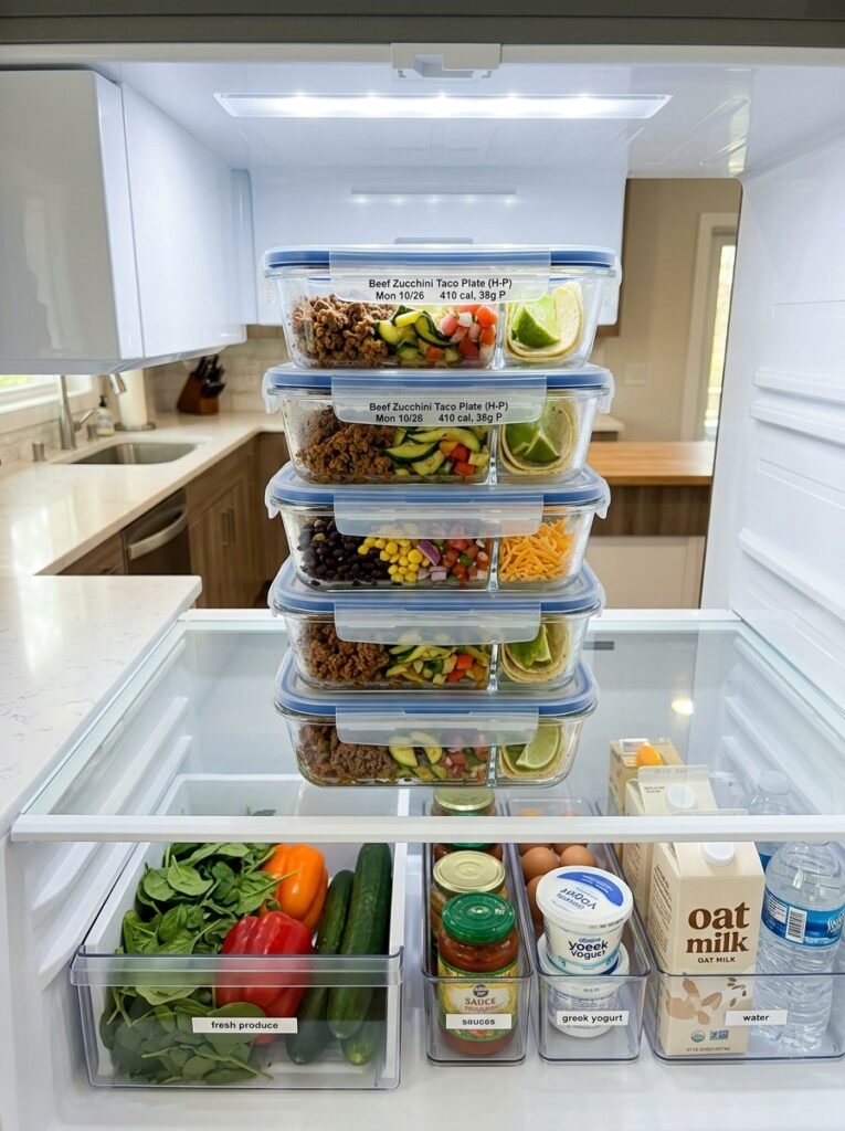 Easy High Protein Beef Zucchini Taco Plates 16 Food storage containers beef tac… 202605131444