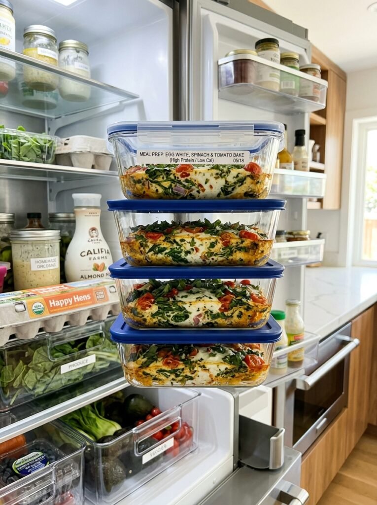 High Protein Low Calorie Egg White Spinach Tomato Bake: A Healthy Recipe 16 Food storage containers egg bake 202605212121