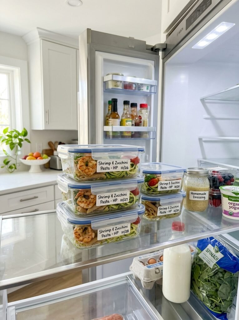 easy high protein shrimp zucchini pasta bowls 16 Food storage containers shrimp p… 202605181347