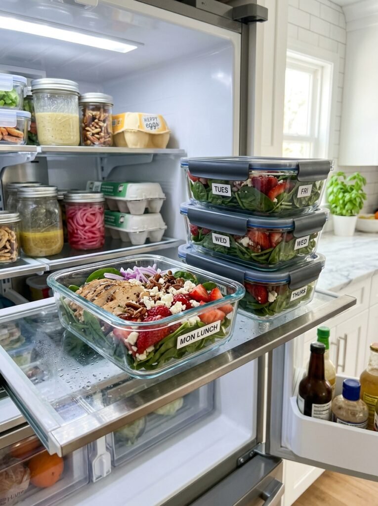 High Protein Chicken Strawberry Spinach Lunch Salad: The Ultimate Midday Meal 15 Food storage containers with chi… 202605061437