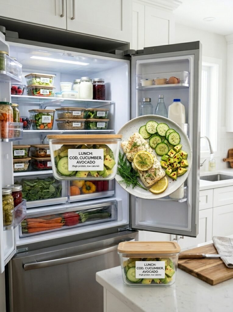 High Protein Low Calorie Cod Cucumber Avocado Plate 16 Food storage containers with cod 202606121222