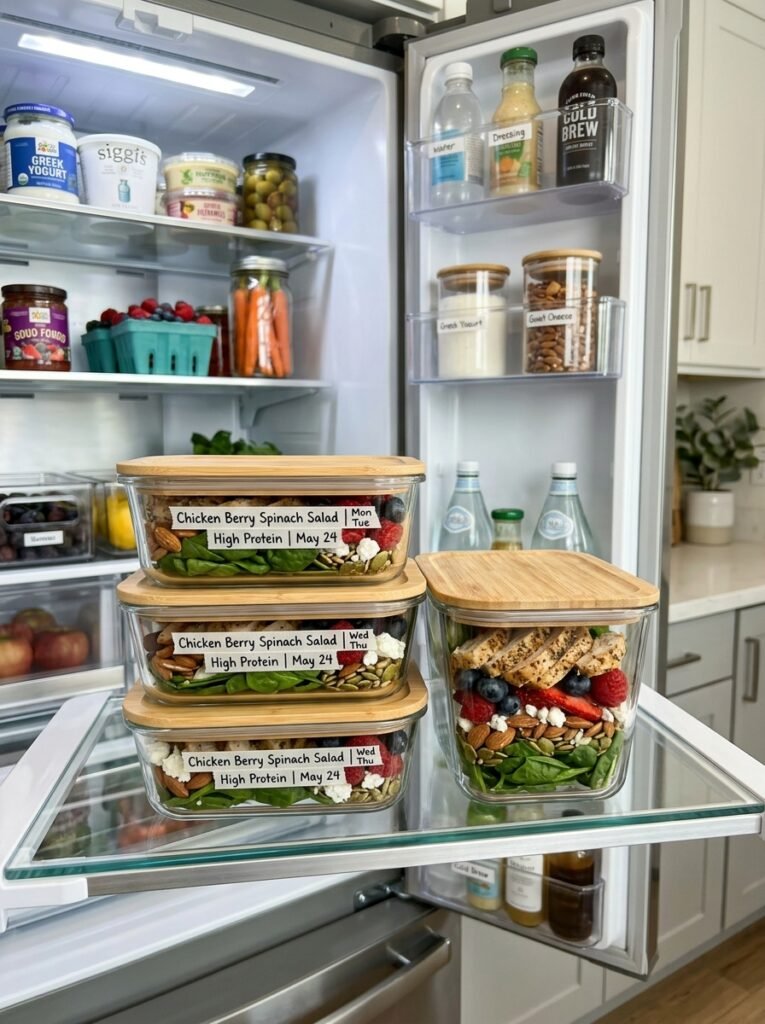 Easy High Protein Chicken Berry Spinach Salad 16 Food storage containers with easy 202605071719