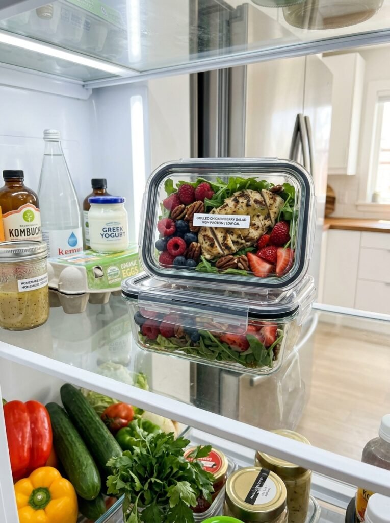 High Protein Low Calorie Grilled Chicken Berry Salad 16 Food storage containers with salad 202605071727