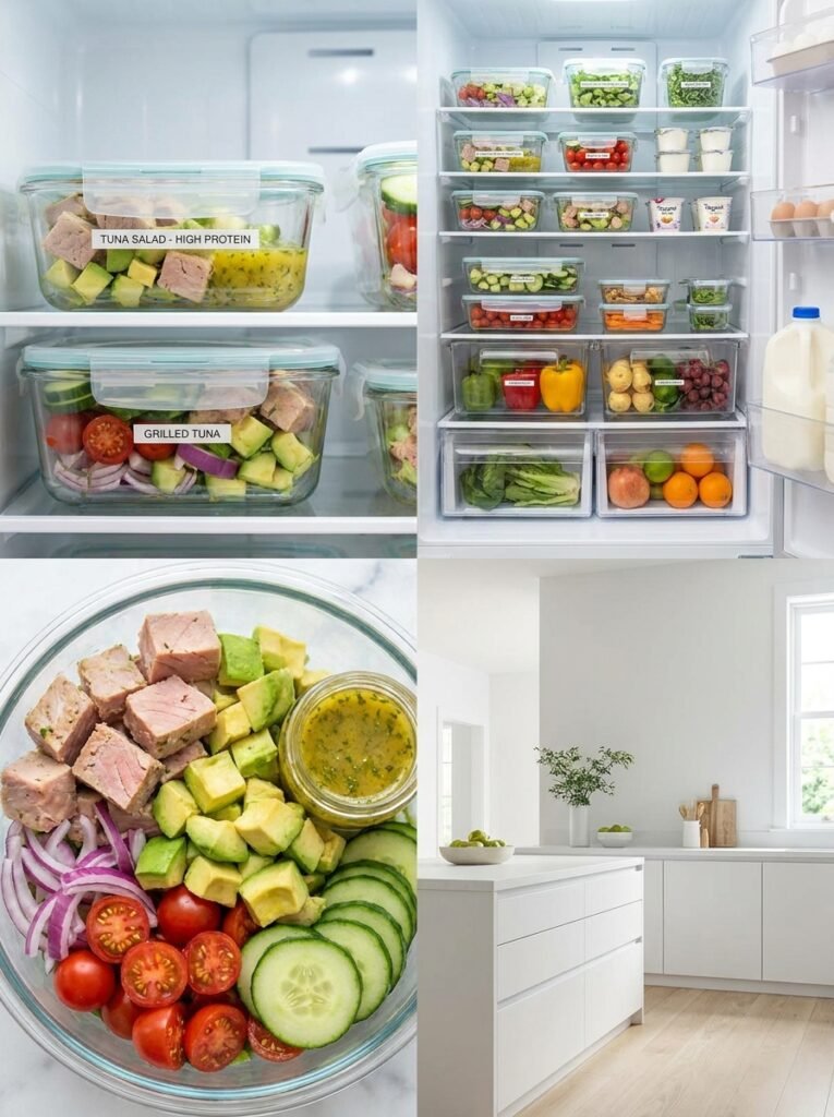 high protein grilled tuna avocado cucumber salad 16 Food storage containers with salad 202605132111