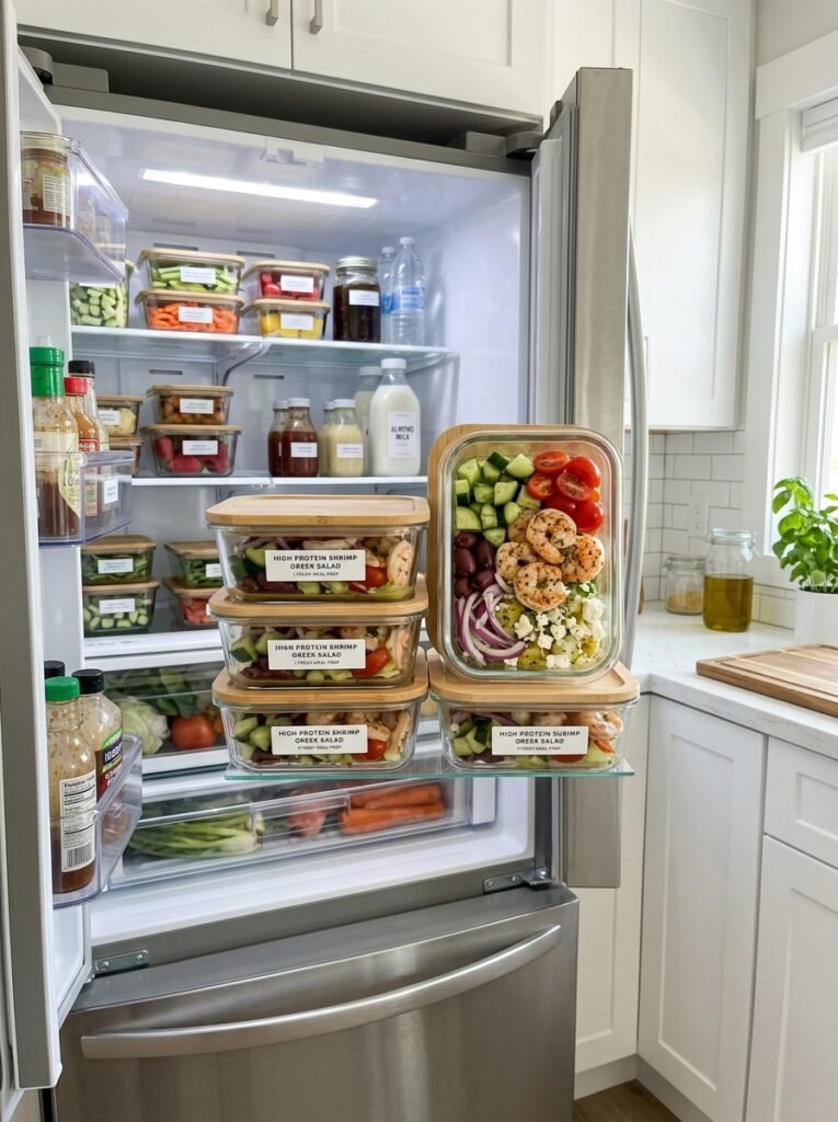 easy high protein shrimp cucumber greek salad 16 Food storage containers with salad 202605222350
