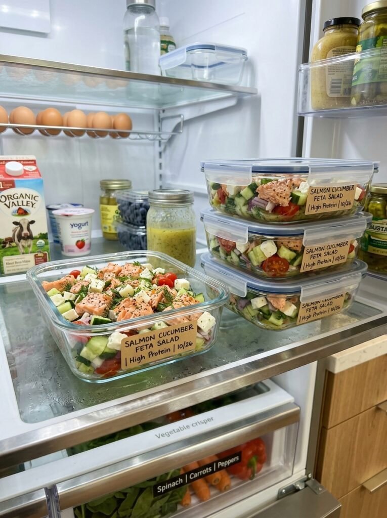 Easy High Protein Salmon Cucumber Feta Salad 16 Food storage containers with salad 202605242239