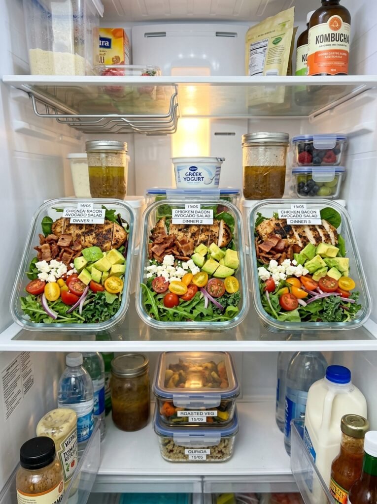 High Protein Chicken Bacon Avocado Dinner Salad 5 Food storage containers with salad 202605301351