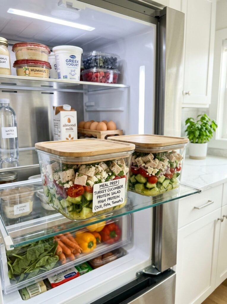 easy high protein turkey cucumber protein salad 16 Food storage containers with salad 202606021340