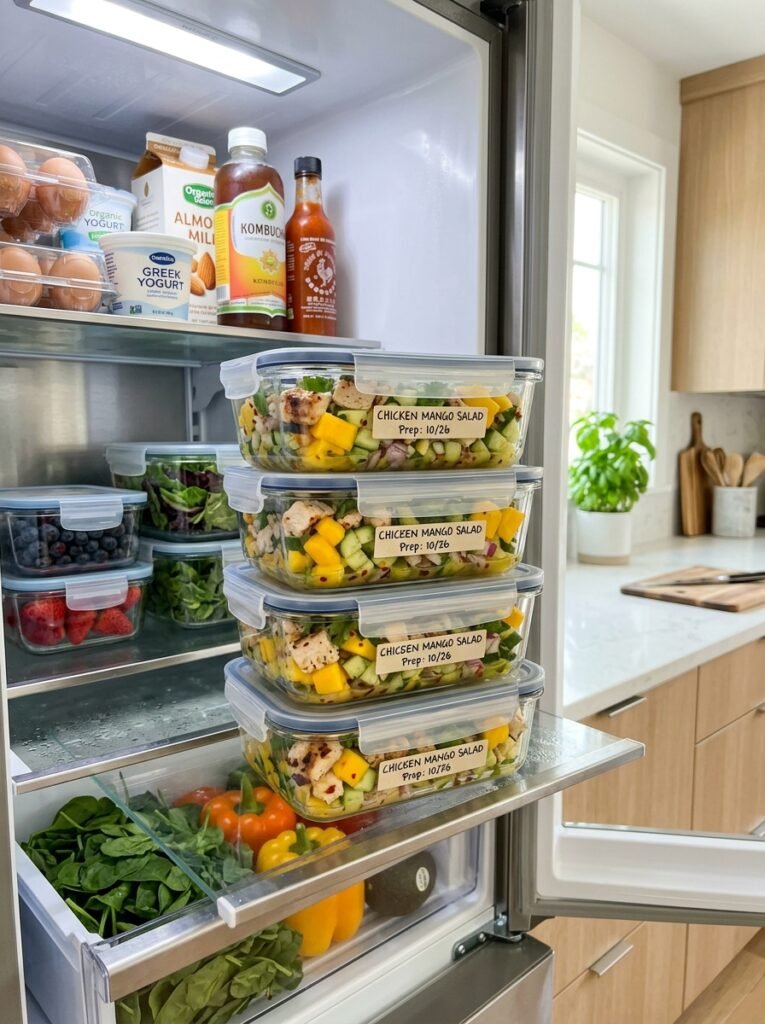 easy high protein chicken mango cucumber salad 16 Food storage containers with salad 202606051423