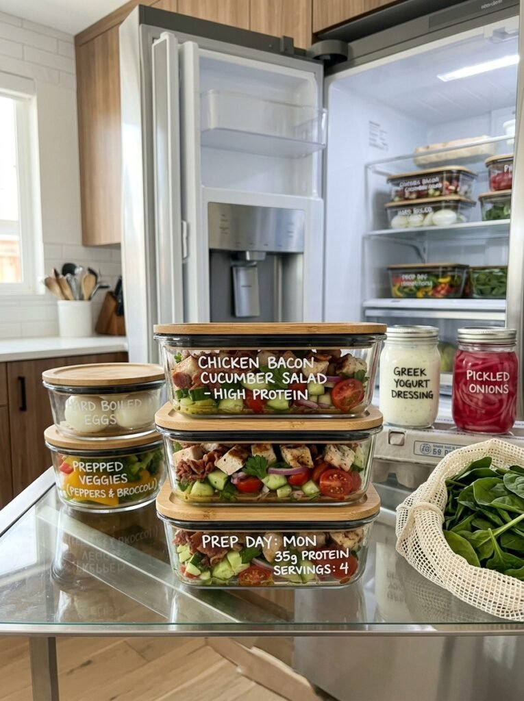 Easy High Protein Chicken Bacon Cucumber Salad 16 Food storage containers with salad 202606071413