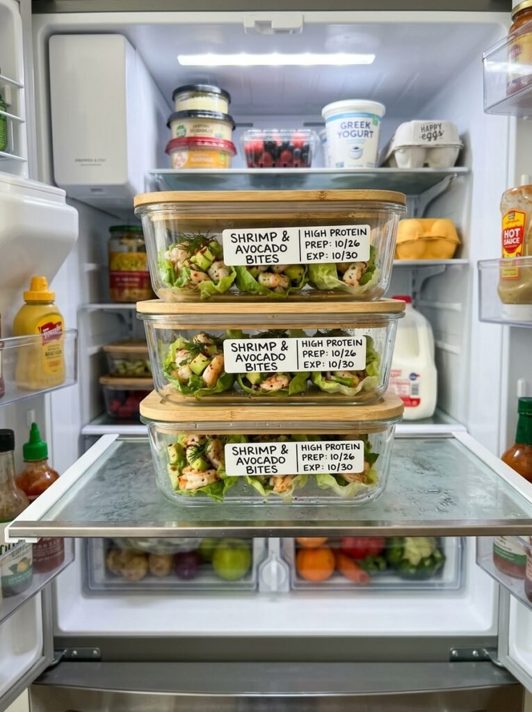 High Protein Shrimp Avocado Lettuce Bites 16 Food storage containers with shrimp 202605131448