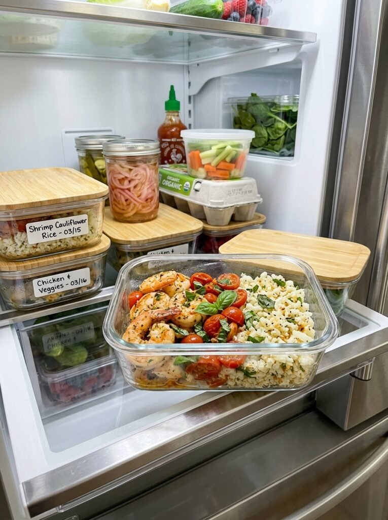 high protein shrimp tomato basil cauliflower rice 16 Food storage containers with shrimp 202606111319