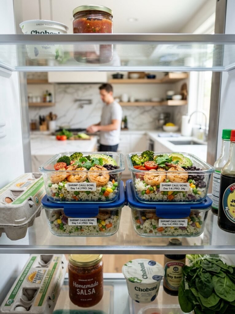 easy high protein shrimp cauliflower rice bowls 16 Food storage containers with shr… 202605061514